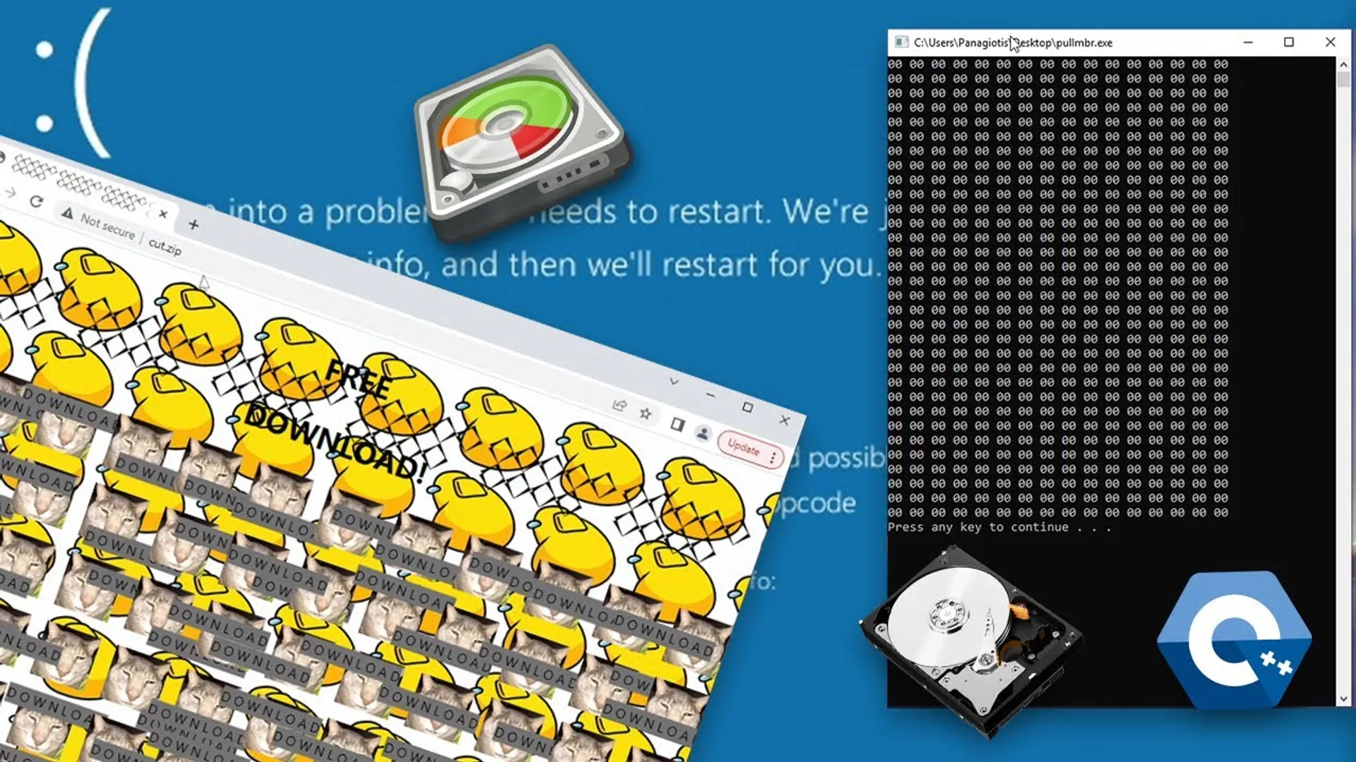 A quick demonstration of how malware quickly renders your computer unbootable. (MBR overwrite)